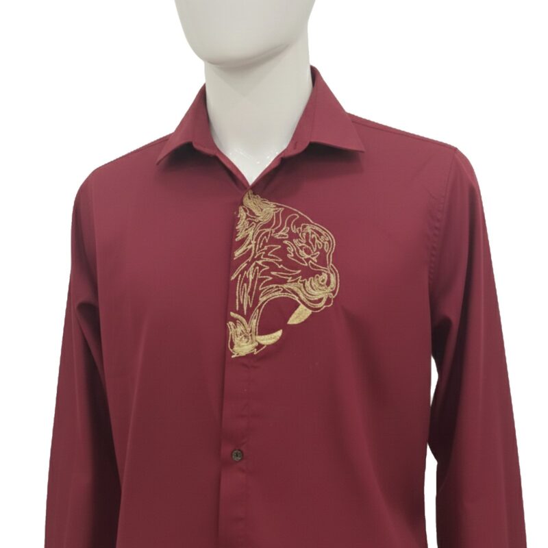 Men’s Maroon Long-Sleeve Shirt with Gold Embroidered Design