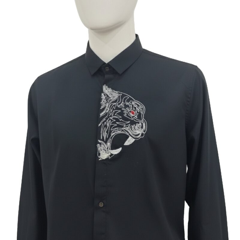 Men’s Black Long-Sleeve Shirt with Silver Embroidered Design