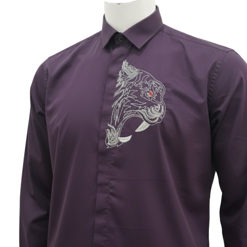 Men’s Purple Long-Sleeve Shirt with Gold Embroidered Design